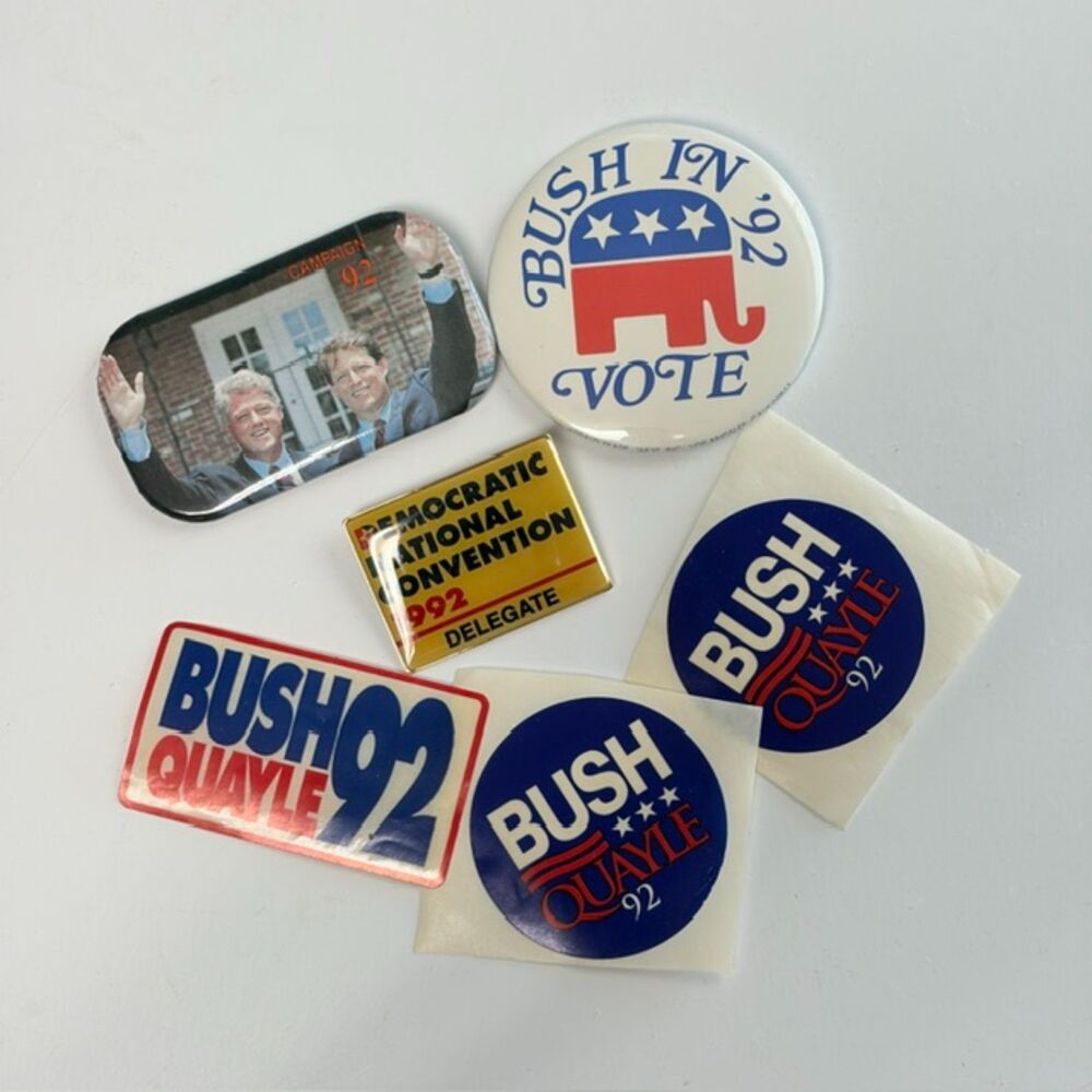 1992 Campaign Memorabilia Lot ClintonGore Bush Quayle Pins Stickers DNC Delegate
